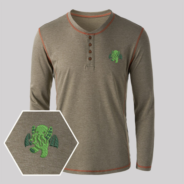 Cthulhu Geek Embroidered Long Sleeve Henley Shirts