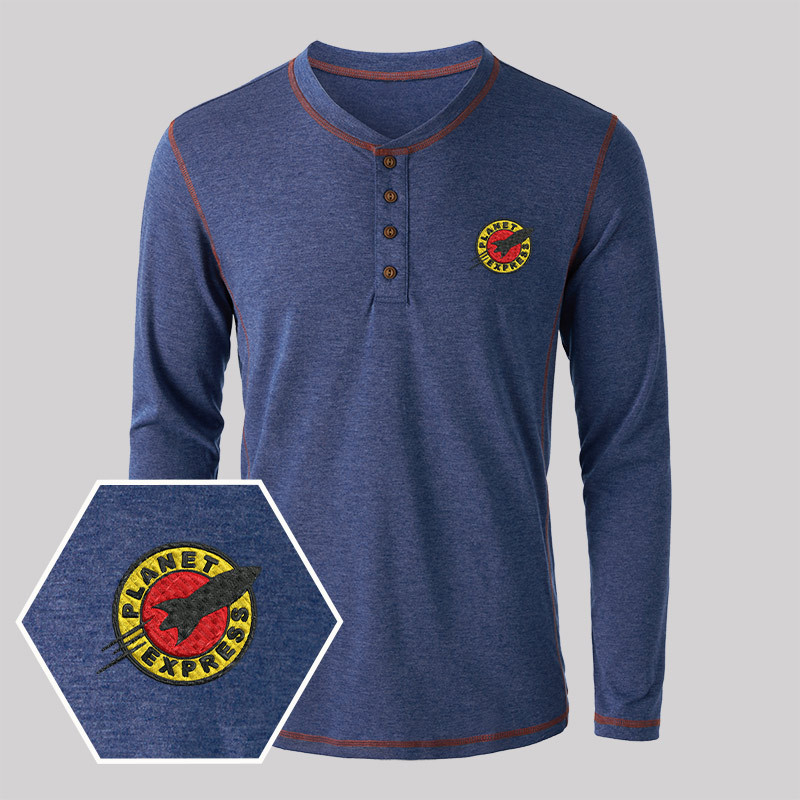 Planet Express Embroidered Long Sleeve Henley Shirts