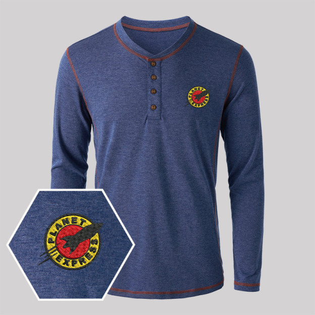 Planet Express Embroidered Long Sleeve Henley Shirts