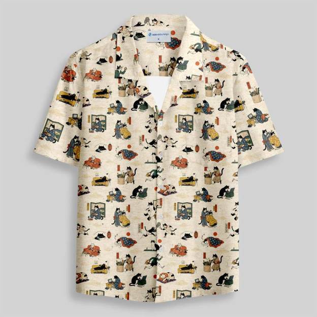 Edo Cat Daily Life Button Up Pocket Shirt