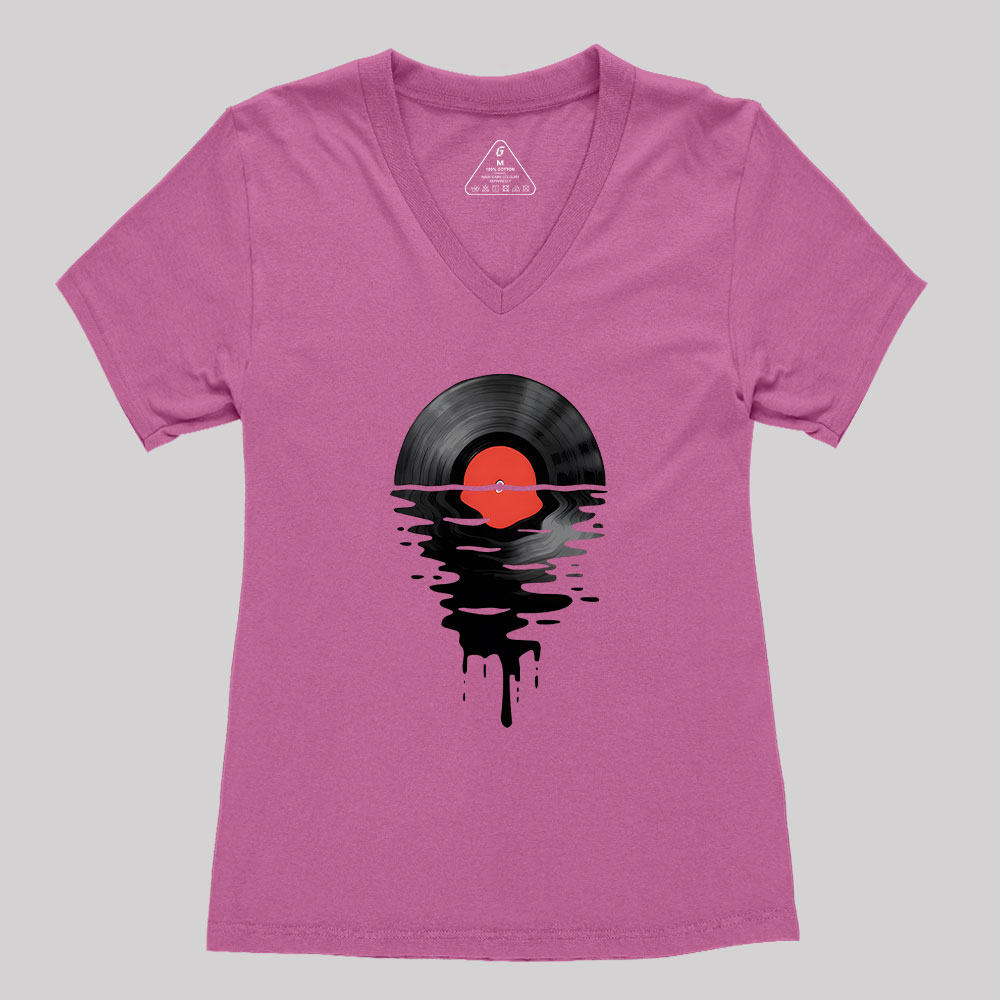 Vinyl LP Music Record Sunset Red Geek Women's V-Neck T-shirt