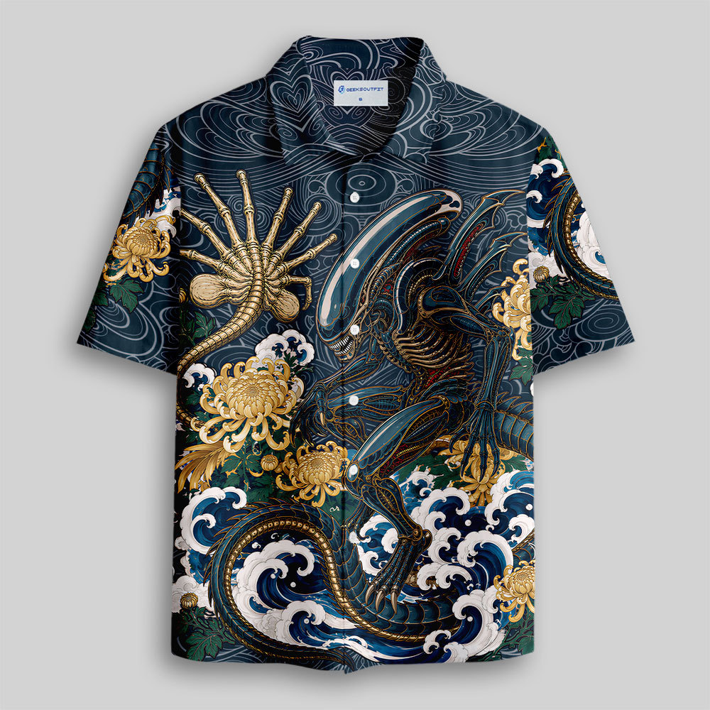Japanese Wave Alien Beast Chrysanthemum Button Up Pocket Shirt