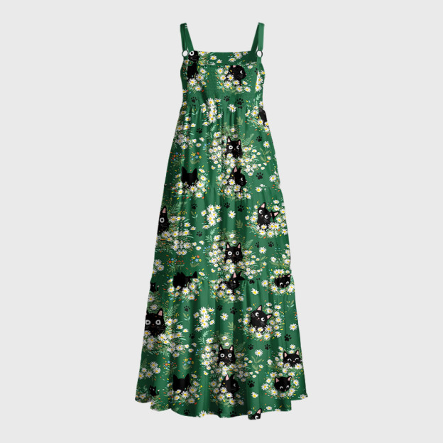 Peekaboo Kitty Geek Tiered Cami Maxi Dress