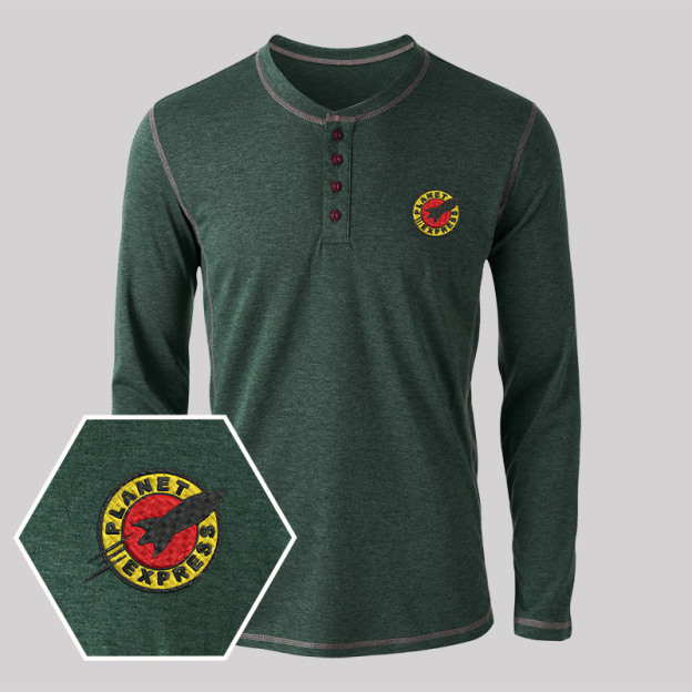Planet Express Embroidered Long Sleeve Henley Shirts