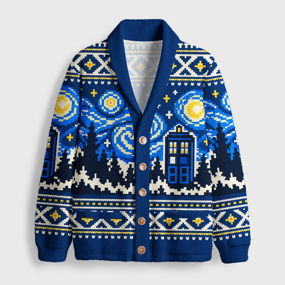 Starry Night Blue Police Box Vintage Geek Shawl Collar Cardigan