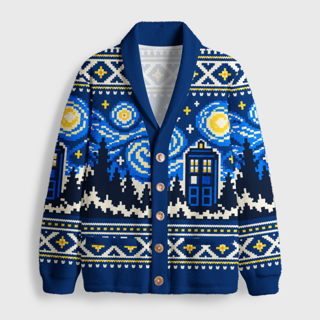 Starry Night Blue Police Box Vintage Geek Shawl Collar Cardigan