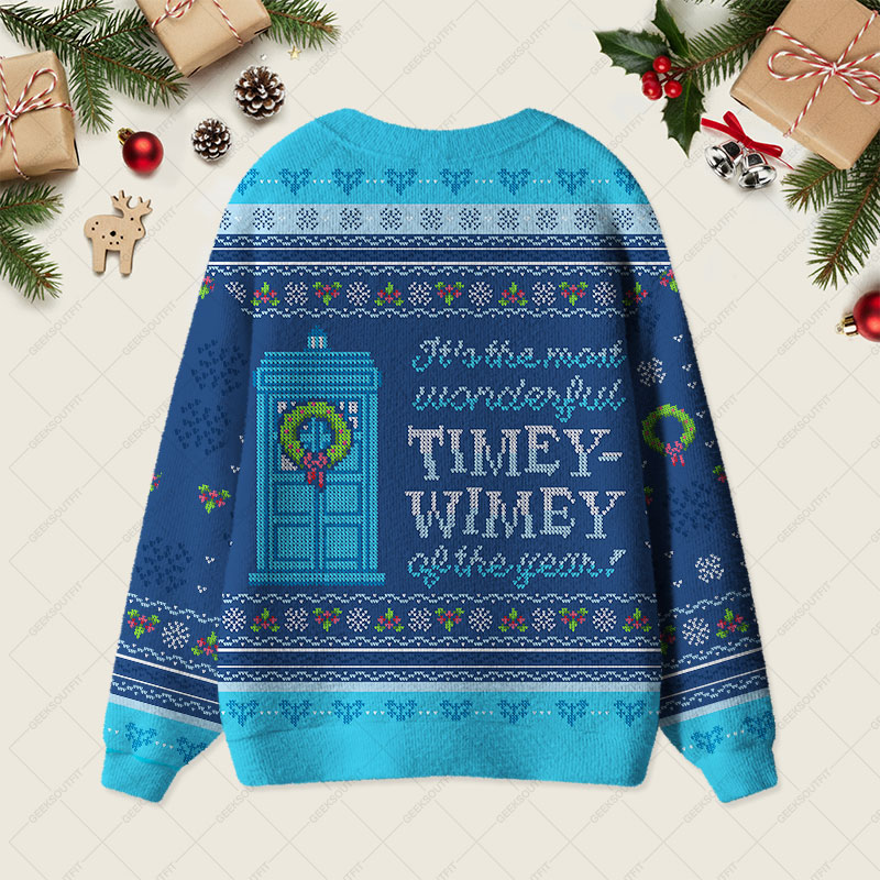 Timey Wimey Blue Geek Ugly Cardigan Sweaters 