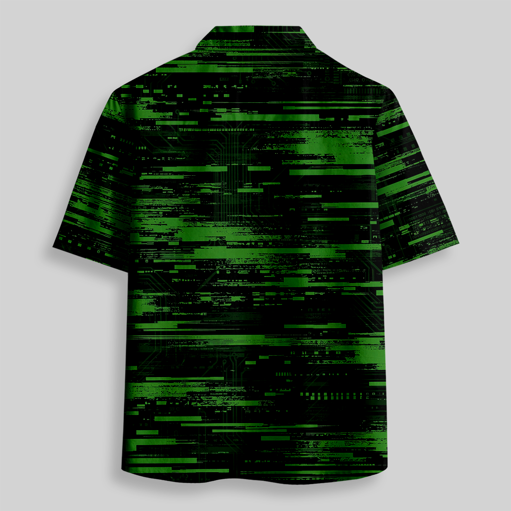 Cyber Glitch Circuit Data Stream Pattern Button Up Pocket Shirt