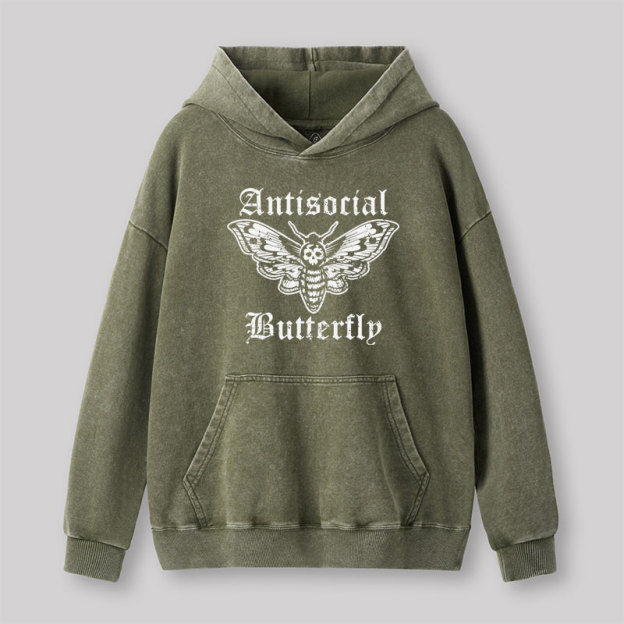 Funny Antisocial Butterfly Washed Hoodie