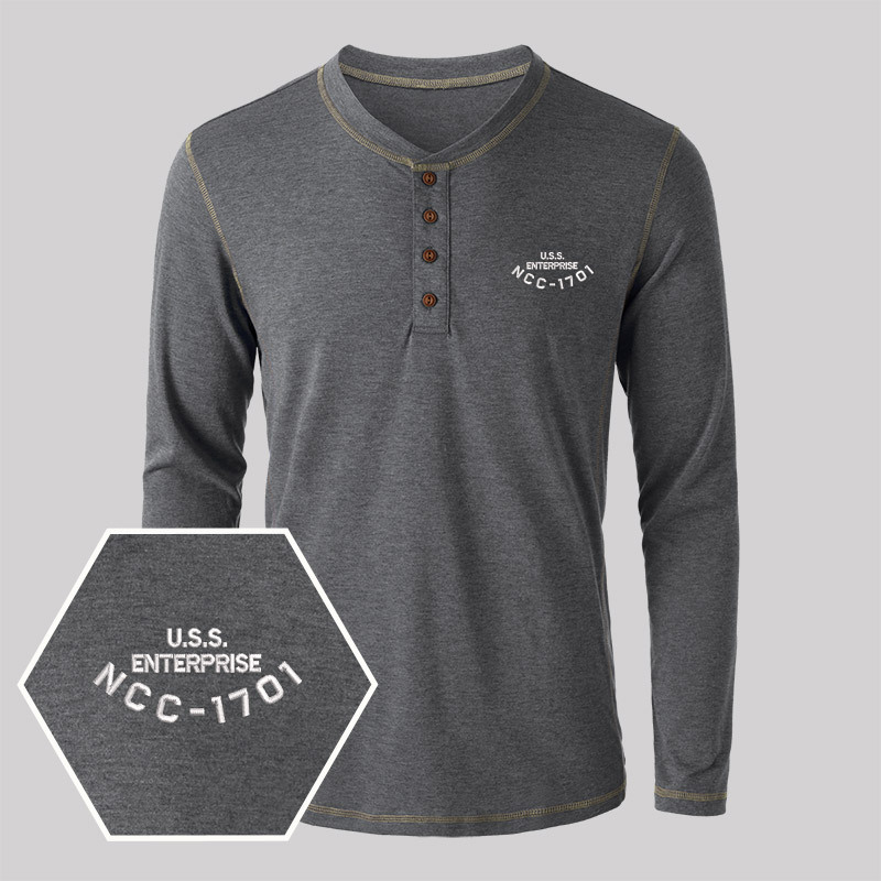 U.S.S. Enterprise NCC-1701 Geek Embroidered Long Sleeve Henley Shirts