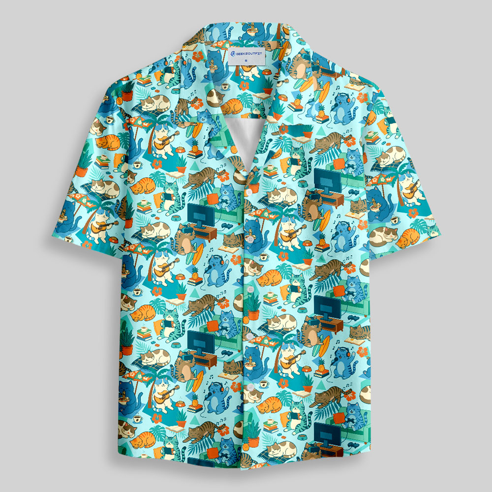 Homebody Paradise Whimsical Cat Button Up Pocket Shirt