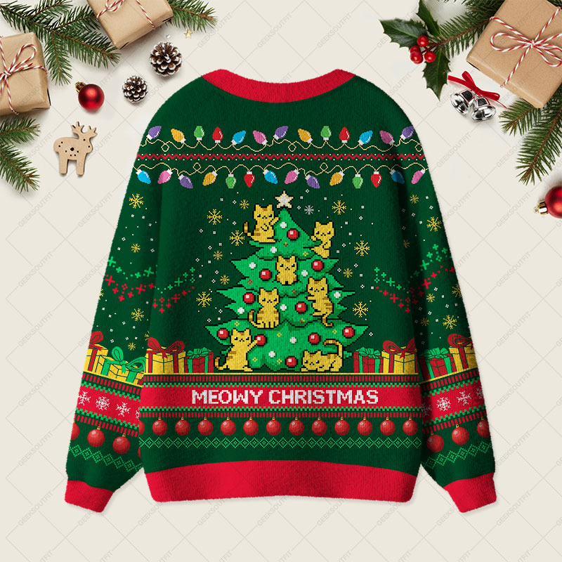 Meowy Christmas Geek Ugly Cardigan Sweaters 