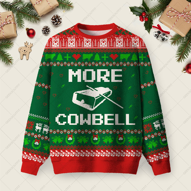 More Cowbell Ugly Christmas Fuzzy Fleece Sweatshirt