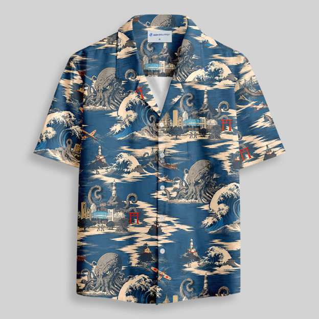 Cosmic Tentacle Beast Vintage Coastal Button Up Pocket Shirt