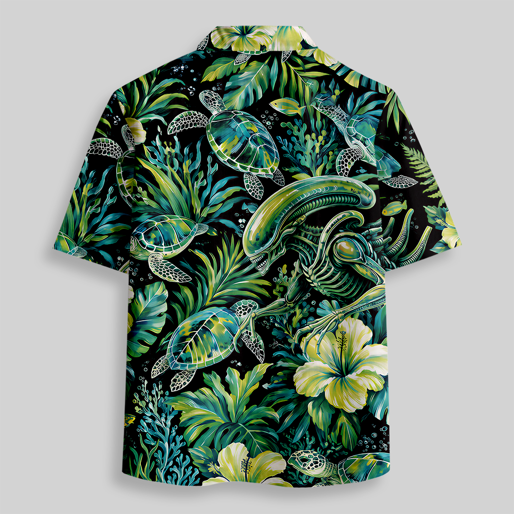 Underwater Jungle Sci-Fi Beast Sea Turtle Floral Button Up Pocket Shirt