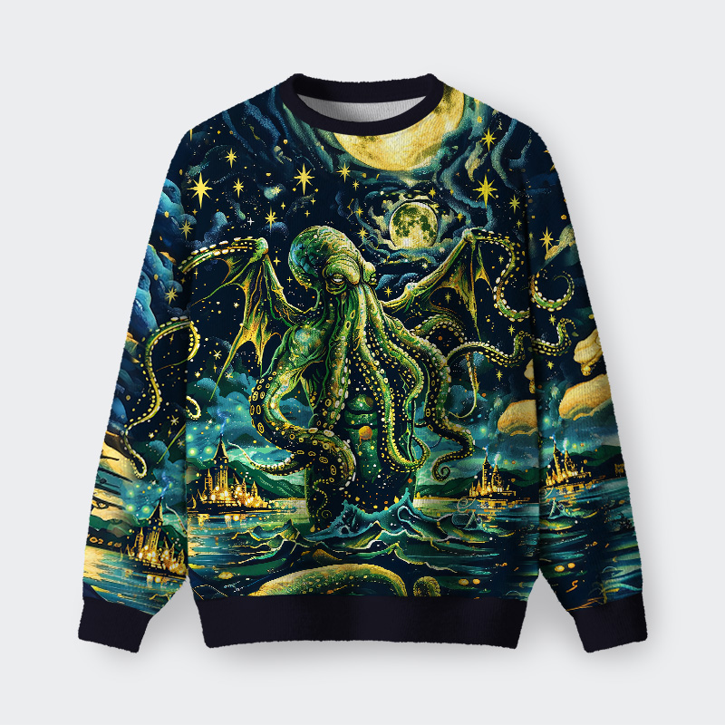 Cthulhu Starry Night Oil Painting Fuzzy Fleece Sweatshirt