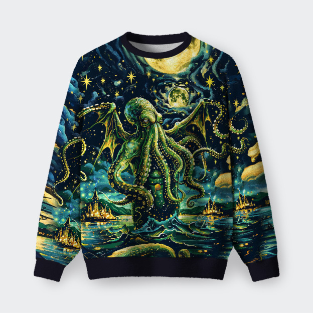 Cthulhu Starry Night Oil Painting Fuzzy Fleece Sweatshirt