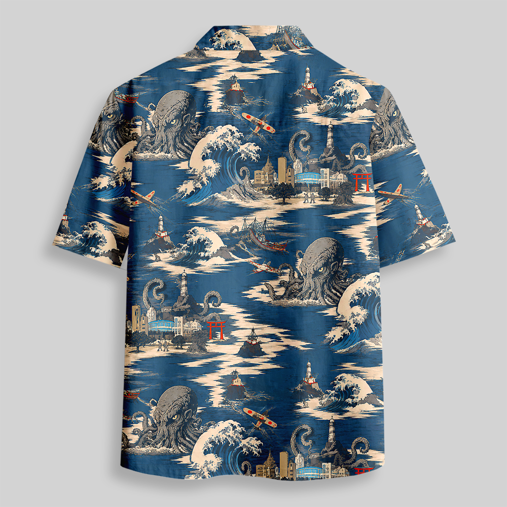 Cosmic Tentacle Beast Vintage Coastal Button Up Pocket Shirt