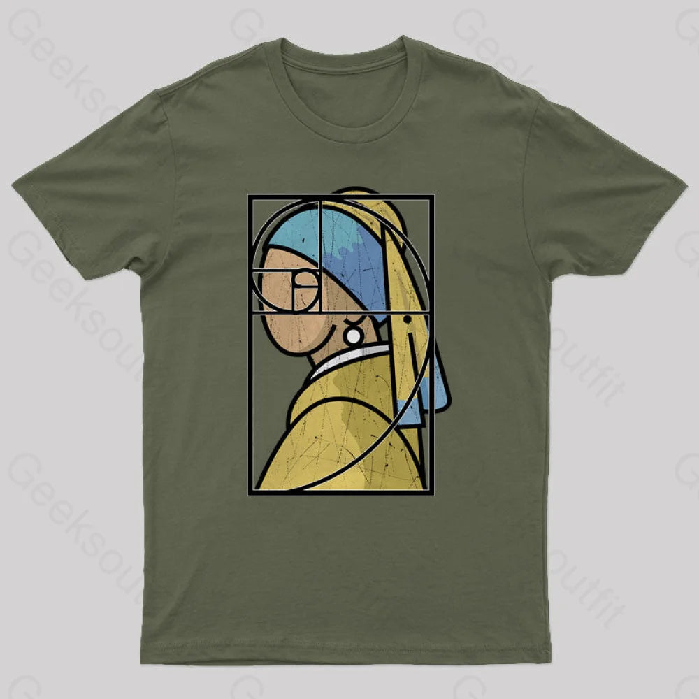Fibonacci Girl With A Pearl Earring Geek T-Shirt Army Green / S