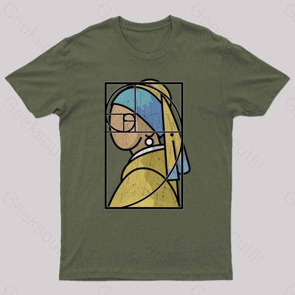 Fibonacci Girl With A Pearl Earring Geek T-Shirt Army Green / S