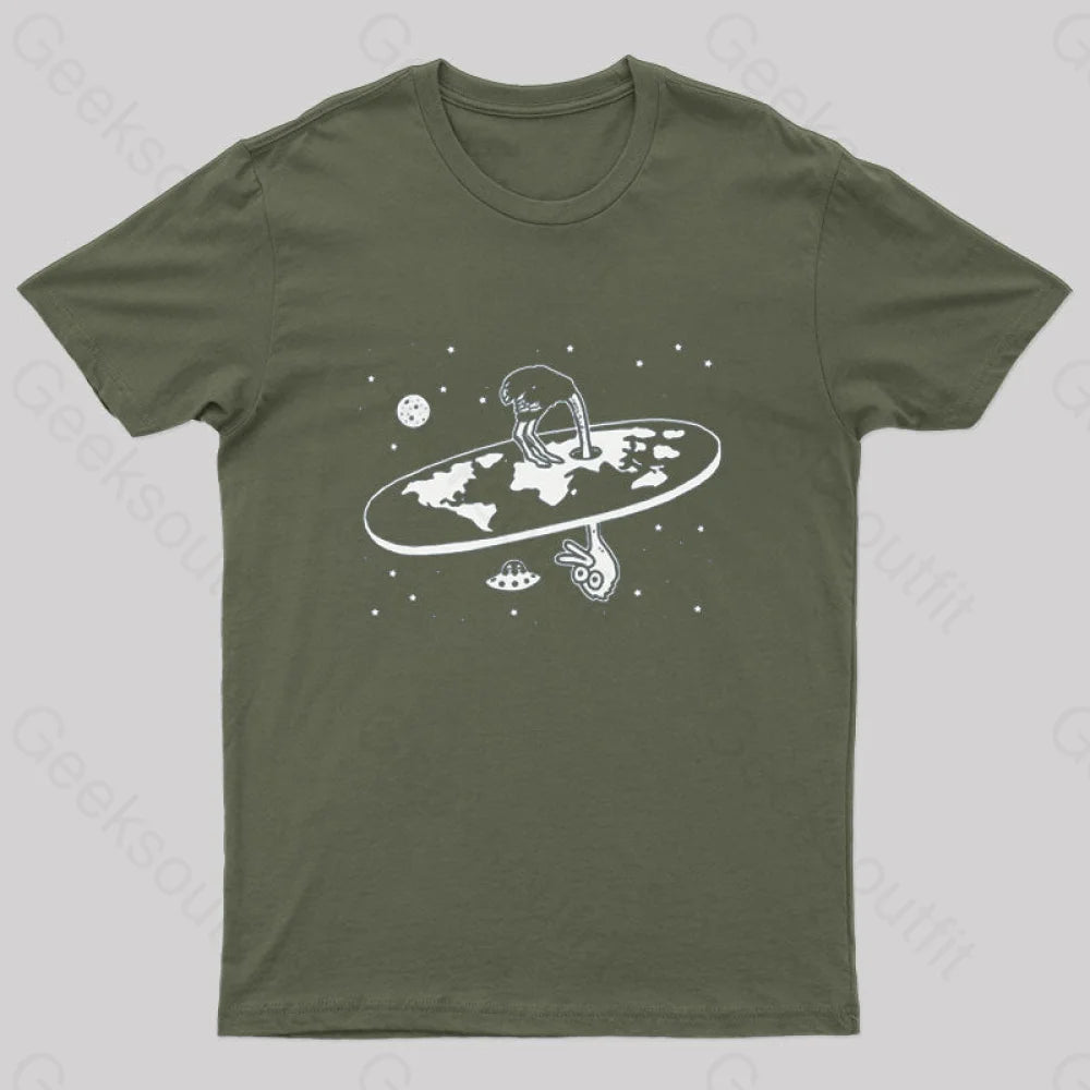 Flat Earth Ostrich Nerd T-Shirt Army Green / S