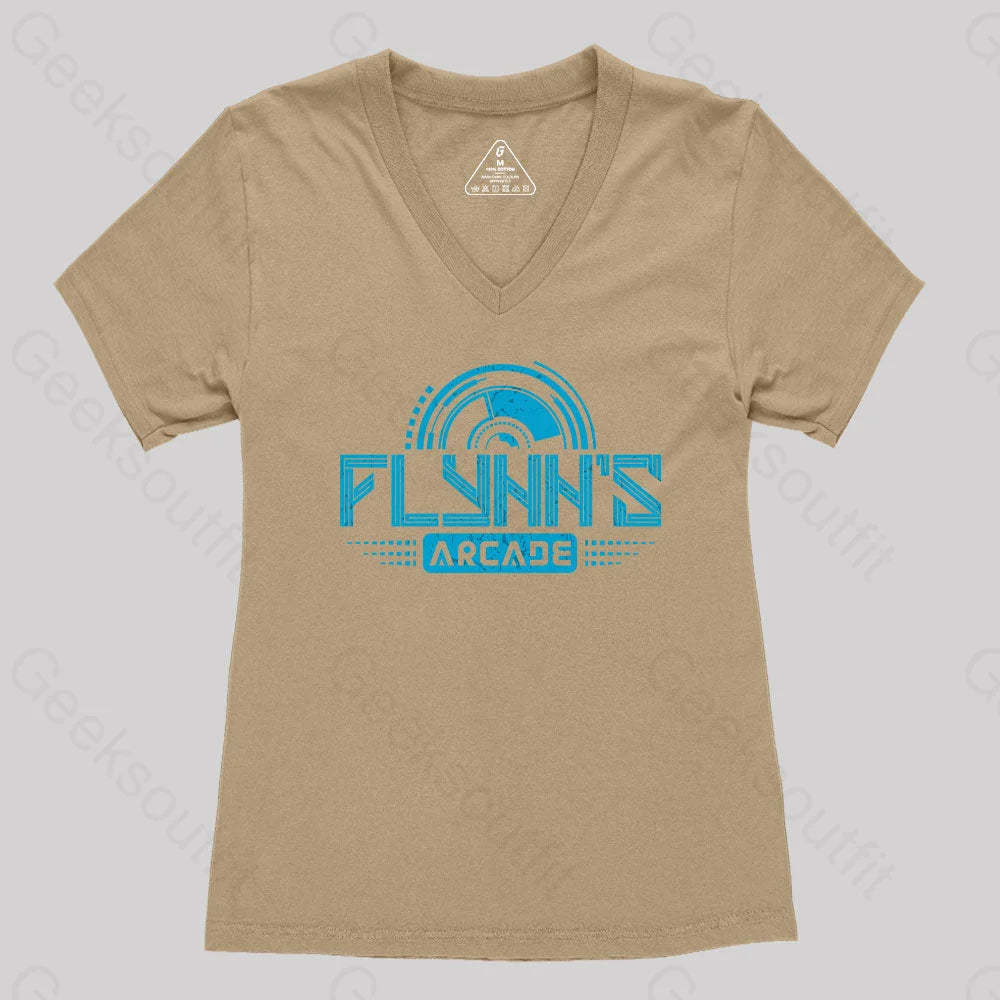 Flynn’s Arcade Est 1982 Women’s V-Neck T-Shirt Khaki / S