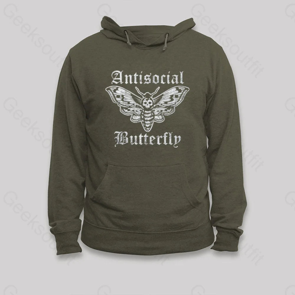Funny Antisocial Butterfly Hoodie Army Green / S
