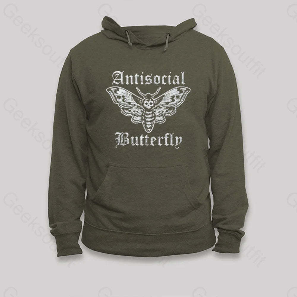 Funny Antisocial Butterfly Hoodie Army Green / S