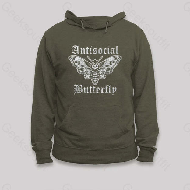 Funny Antisocial Butterfly Hoodie Army Green / S