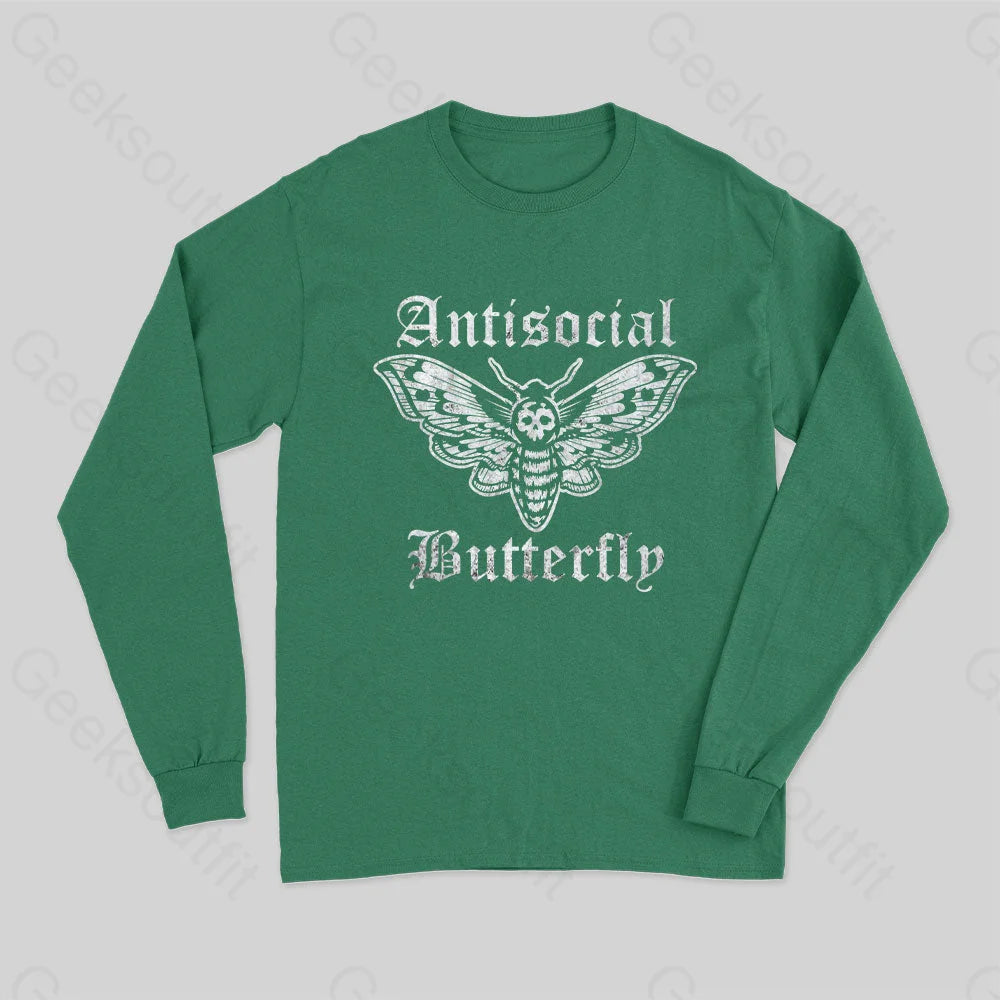Funny Antisocial Butterfly Long Sleeve T-Shirt Green / S