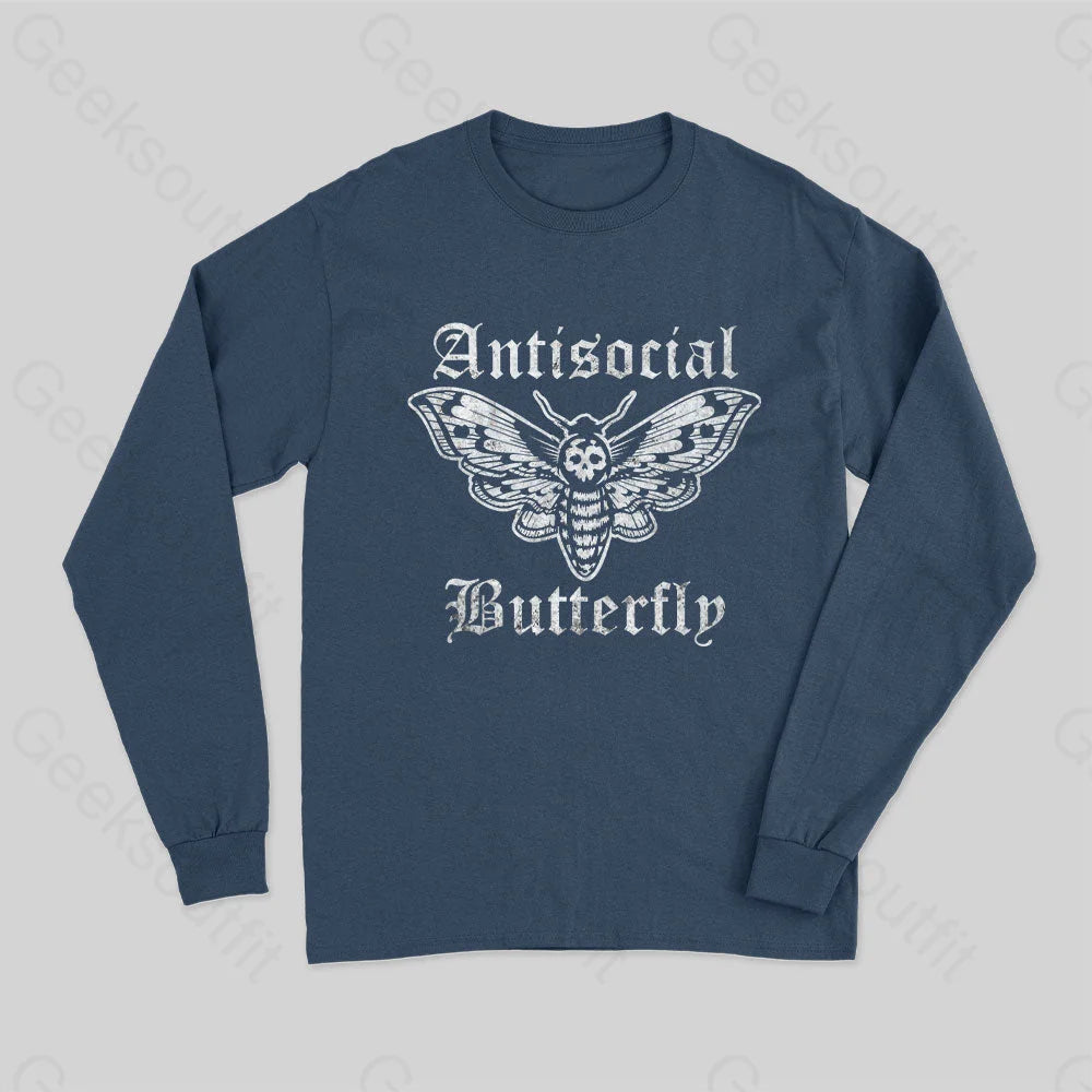 Funny Antisocial Butterfly Long Sleeve T-Shirt Navy / S