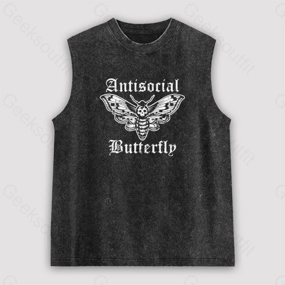 Funny Antisocial Butterfly Unisex Washed Tank Black / S