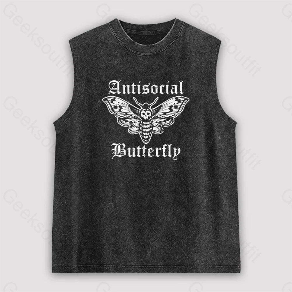 Funny Antisocial Butterfly Unisex Washed Tank Black / S