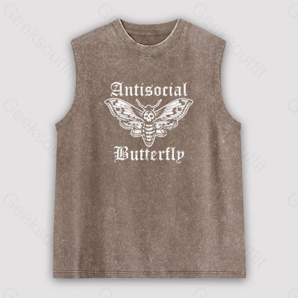 Funny Antisocial Butterfly Unisex Washed Tank Brown / S