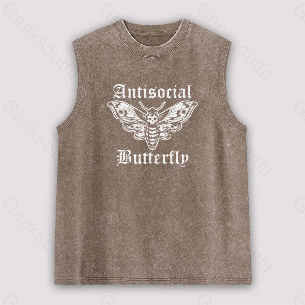 Funny Antisocial Butterfly Unisex Washed Tank Brown / S