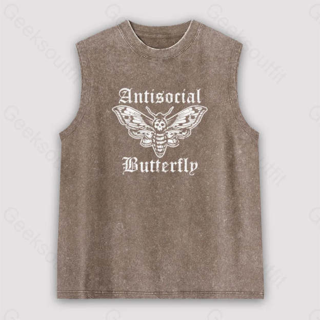 Funny Antisocial Butterfly Unisex Washed Tank Brown / S