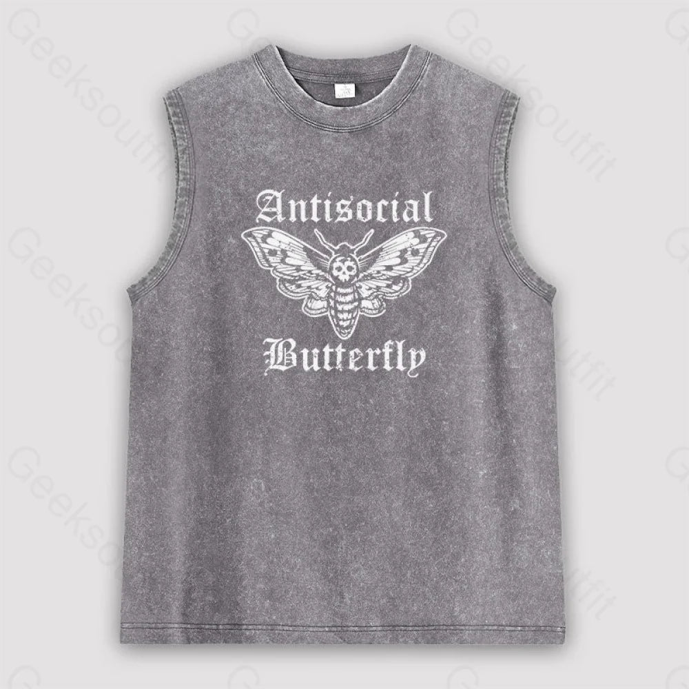 Funny Antisocial Butterfly Unisex Washed Tank Grey / S