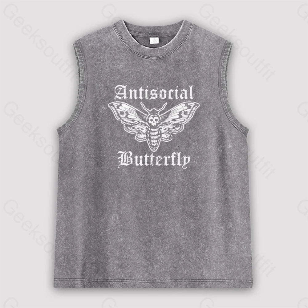Funny Antisocial Butterfly Unisex Washed Tank Grey / S