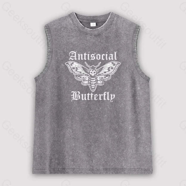 Funny Antisocial Butterfly Unisex Washed Tank Grey / S