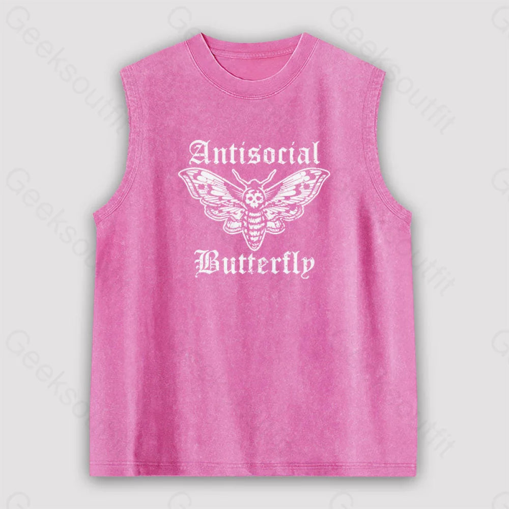Funny Antisocial Butterfly Unisex Washed Tank Pink / S