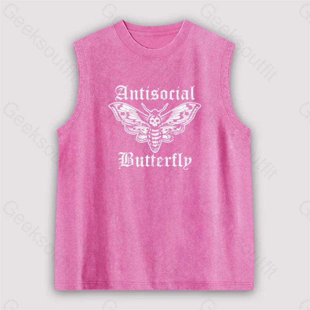 Funny Antisocial Butterfly Unisex Washed Tank Pink / S