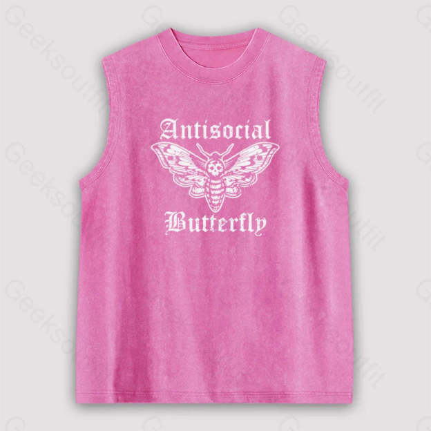 Funny Antisocial Butterfly Unisex Washed Tank Pink / S