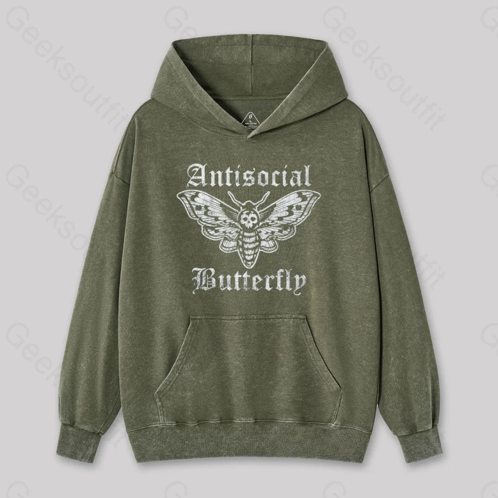 Funny Antisocial Butterfly Washed Hoodie Army Green / S