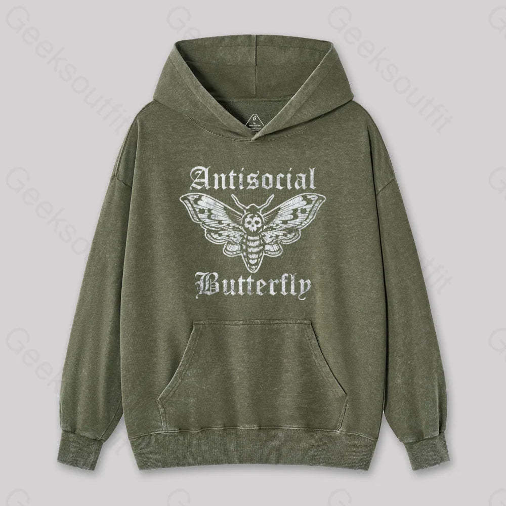 Funny Antisocial Butterfly Washed Hoodie Army Green / S
