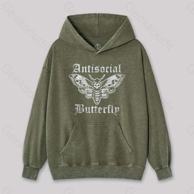 Funny Antisocial Butterfly Washed Hoodie Army Green / S