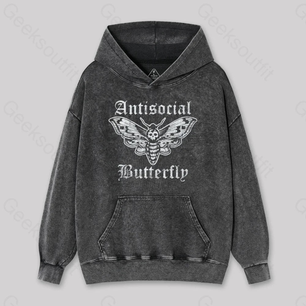 Funny Antisocial Butterfly Washed Hoodie Black / S