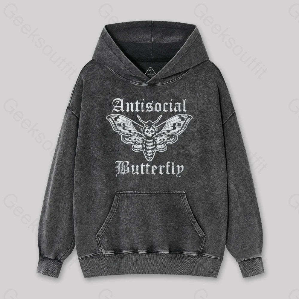 Funny Antisocial Butterfly Washed Hoodie Black / S
