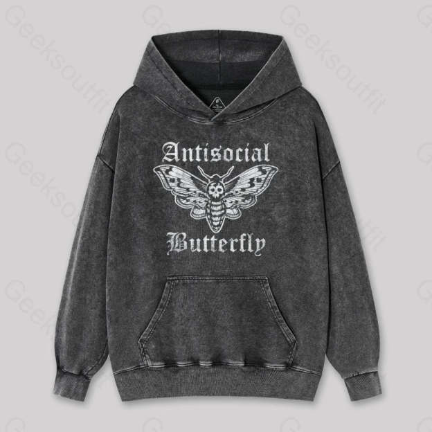 Funny Antisocial Butterfly Washed Hoodie Black / S
