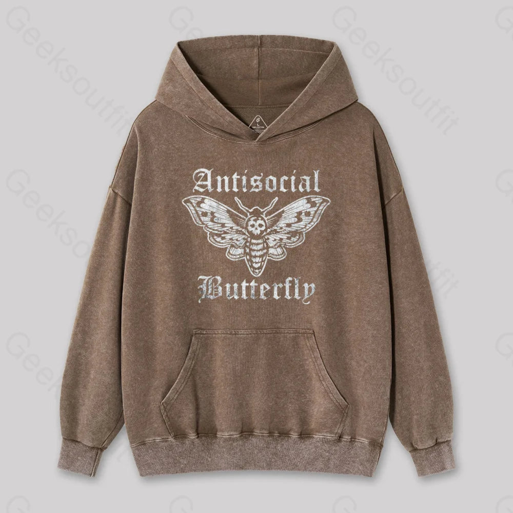 Funny Antisocial Butterfly Washed Hoodie Coffee / S