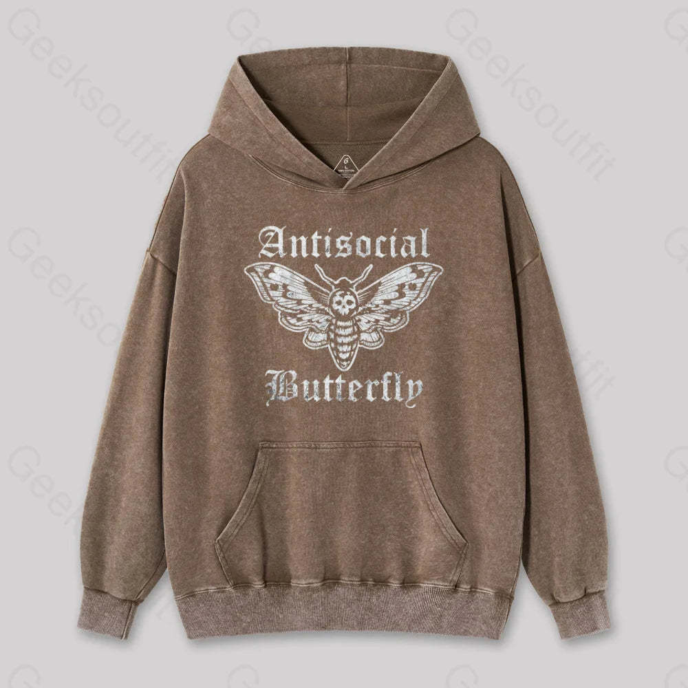 Funny Antisocial Butterfly Washed Hoodie Coffee / S